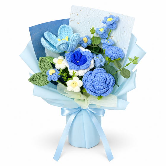 Blue and white crochet flower bouquet with blue wrapping
