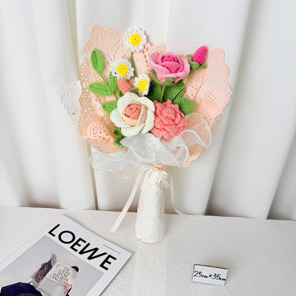 Pink & White Rose Crochet Bouquet