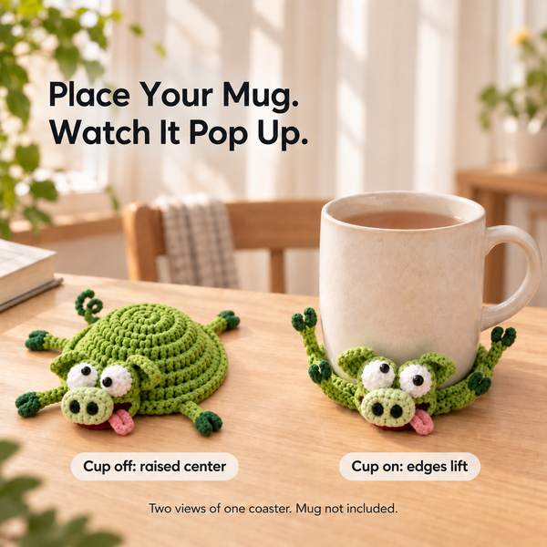 Green pig crochet coaster shown without a mug and with a mug; two views of one coaster, mug not included.
