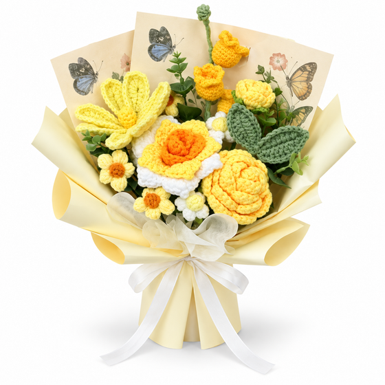Yellow and white crochet flower bouquet with pale yellow wrapping and white bow