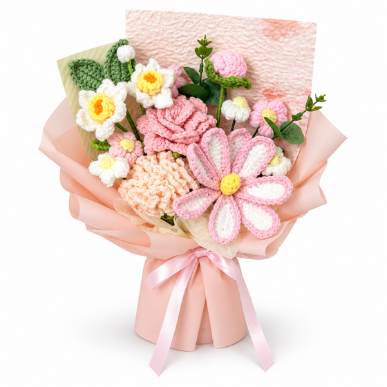 Pink and white crochet flower bouquet with pink wrapping and ribbon