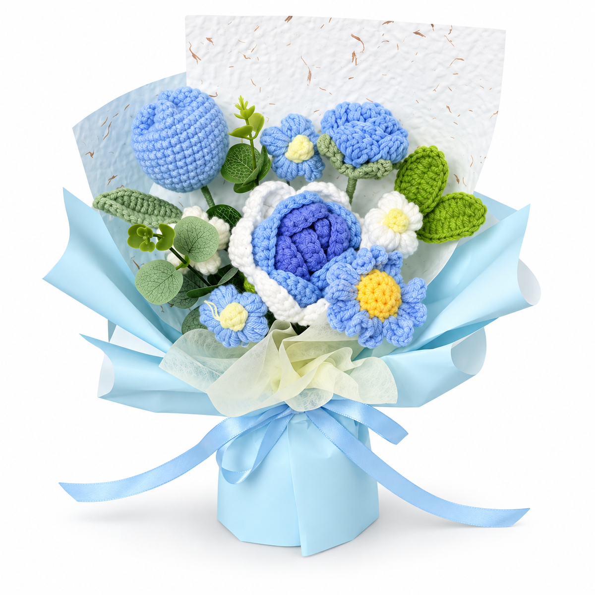 Blue and White Rose Crochet Flower Bouquet