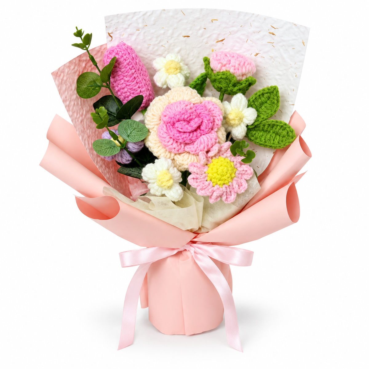 Pink and Cream Crochet Flower Bouquet