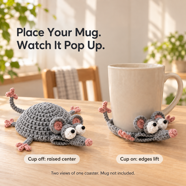 Grey mouse crochet coaster shown without a mug and with a mug; two views of one coaster, mug not included.