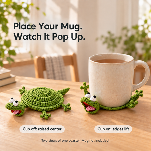 Apple green lizard crochet coaster shown without a mug and with a mug; two views of one coaster, mug not included.